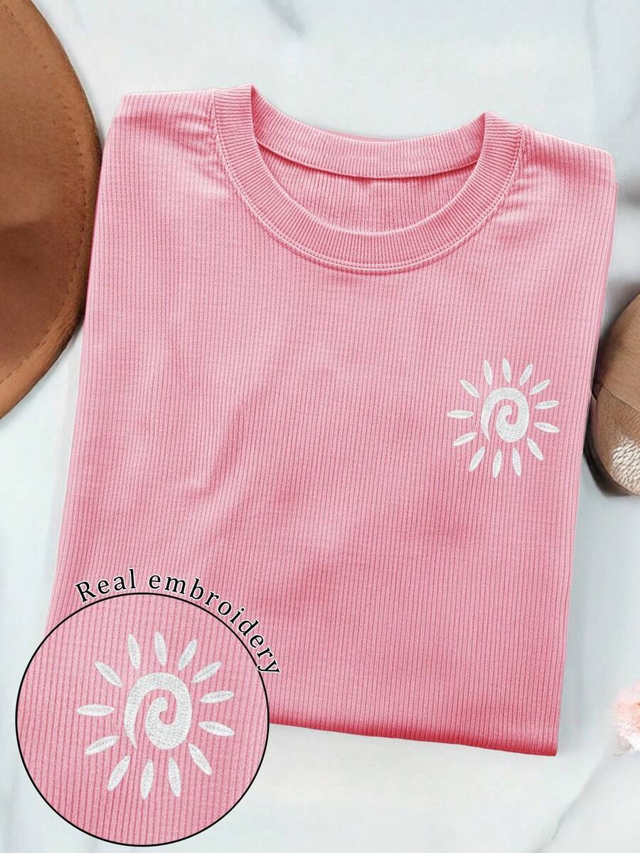 INAWLY 1 件女式简约太阳刺绣灯芯绒圆领长袖 T 恤，送给朋友的礼物 - 粉色 - 查看 1