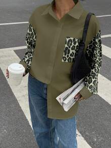 Siren Gaze 女士豹纹拼布长袖休闲衬衫，简约复古风女衬衫，女式衬衫，街头风衬衫，豹纹衬衫 - 軍綠色 - 查看 3