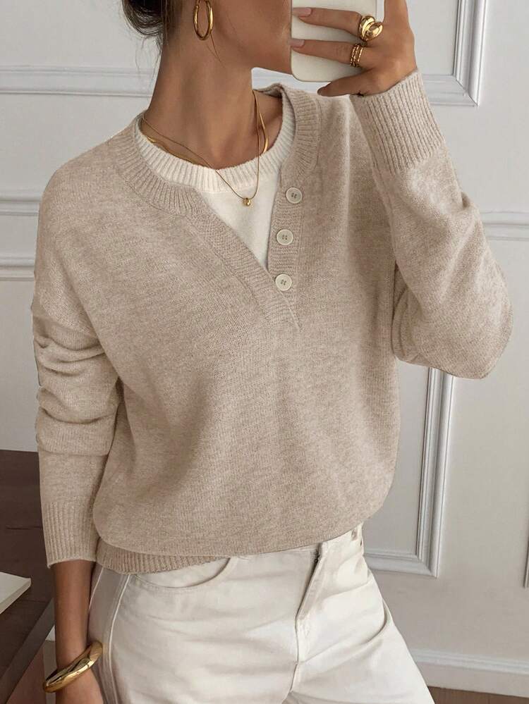 Casual Color Block Henley Neck Pullover, Soft Knit 2 In 1 Sweater For Women
