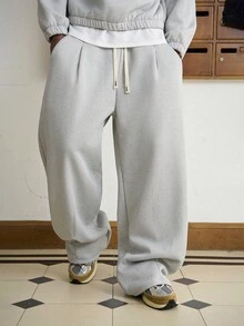 Manfinity Roghcode 2 件套男士时尚针织套头衫和运动裤套装，立领套头衫和宽松抽绳腰阔腿运动裤，针织运动服套装，极简色调，宽松版型，立领设计，毛绒面料，休闲，运动装，街头装，时尚装扮，节日/男友/丈夫礼物，秋冬装 - 灰色 - 查看 5