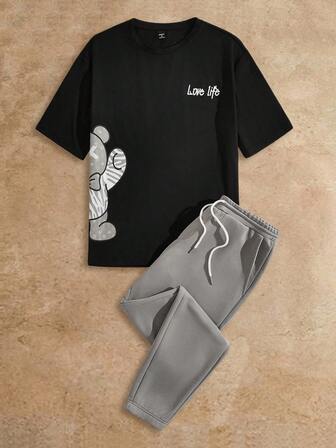 Manfinity NXTstreet Men's Knitted Short Sleeve T-Shirt And Pants Set Summer Outfit, Cozy Outfits, Couple Things