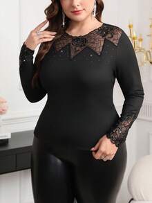 Reflora Plus Size Lace Patchwork Rhinestone Knit Top,Long Sleeve Autumn Base Sweater,Elegant Mesh Contrast T-Shirt,Black Formal Evening Night Out Club Top - Black - View 3