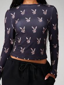 Missguided x Playboy Leopard Print Long Sleeve Crop Top With Crew Neck For Fall Winter Casual Wear - Multicolor - View 5