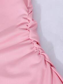 Teen Girl Off Shoulder Ruched Waist Dress, French Bow Decor Flare Sleeve Dress - Pink - View 6