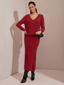 Enchnt Winterromantisches zweiteiliges Damen-Set: Rotes V-Ausschnitt-Top mit langen Ärmeln und Rock. Schick und elegant für Alltag und Freizeit, Halloween-Kostüm, Weihnachtskleidung, elegantes Winter-Set, rotes Set, Winteroutfit für Damen, Silvesterkleidung. - Bordeaux - Übersicht 3