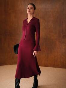 MOTF PREMIUM Elegant Knitted Flare Sleeve Top And Mermaid Hem Skirt Set, Autumn/Winter - Blue - View 6