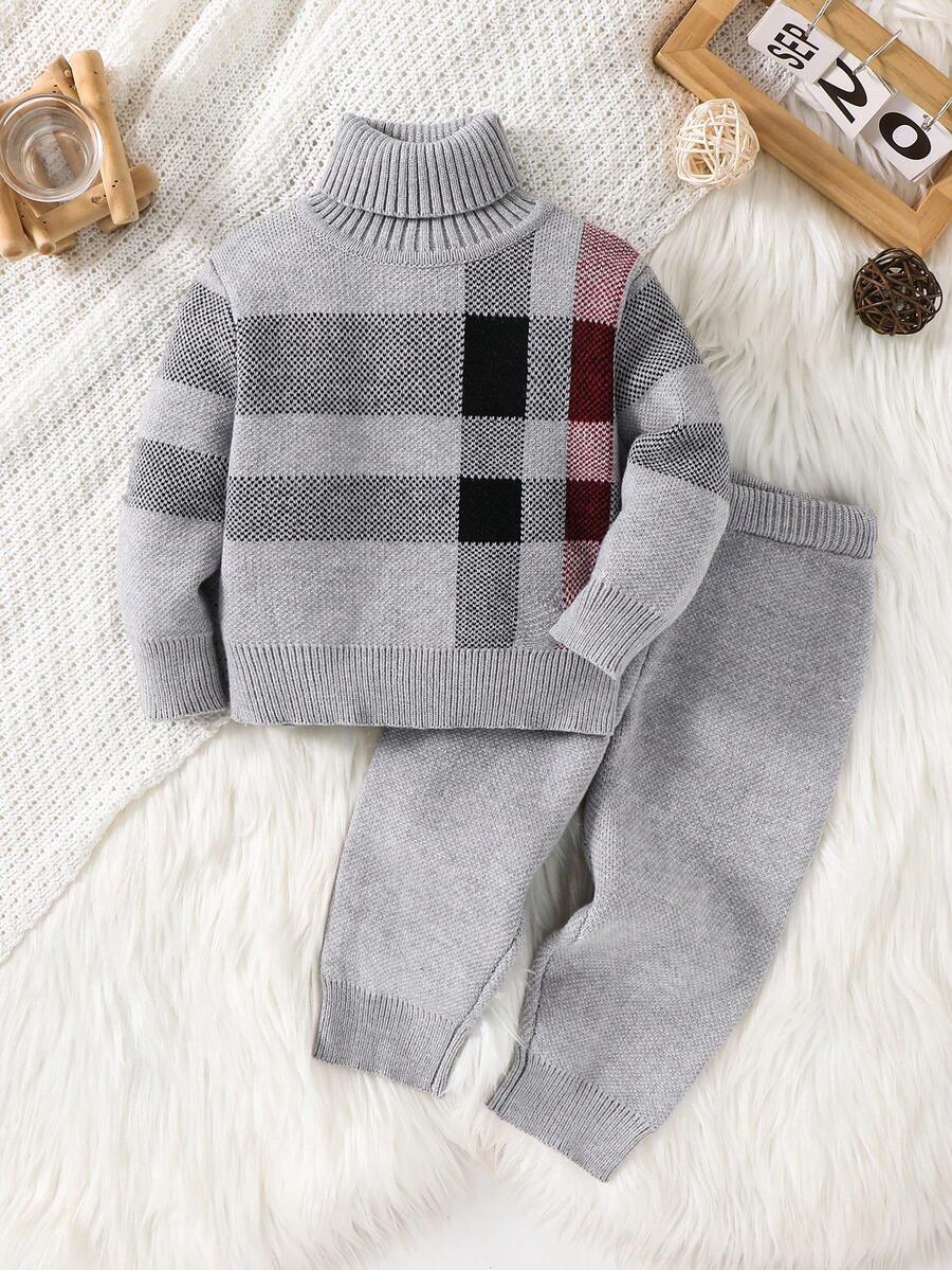 SHEIN 2pcs/Set Baby Boy/Girl Casual High Neck Plaid Sweater And Jogger Pants Set, Suitable For Autumn/Winter Wear - Grey - View 1
