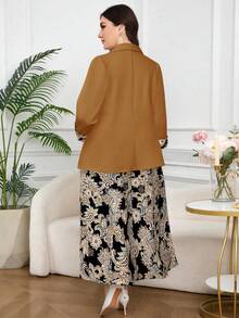 Modelyn 秋冬大码女式优雅佩斯利印花V领无袖连衣裙和西装套装 - 棕色 - 查看 2