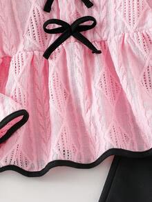 SHEIN Elladie kids 2 件套：宽松白色喇叭袖上衣，搭配黑色蝴蝶结装饰和舒适黑色休闲裤 - 粉色 - 查看 6