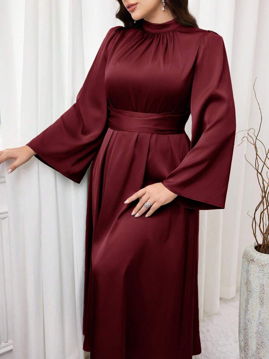 Modelyn Plus Size Elegant Solid Color Bell Sleeve Dress, Suitable For Party/Christmas - Burgundy - View 1