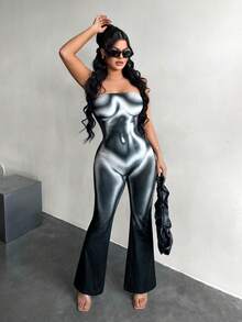 SHEIN SXY Body Graphic Print 性感街头风无袖连体裤 - 黑與白 - 查看 6