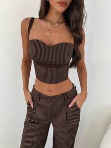 Aloruh 女士秋冬新款商务套装，棕色条纹吊带背心和棕色条纹西装裤两件套，适合通勤、办公室、正式场合 - 棕色 - 查看 7