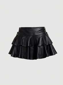SHEIN MOD 女士休闲抽绳系带双层蛋糕裙，PU材质 - 黑色 - 查看 2