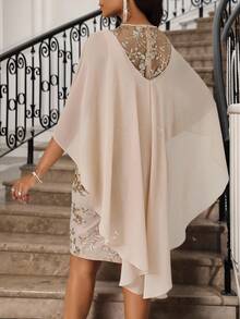 SHEIN Lady Beige,Summer,Elegant,Wedding Sequin Luxury Evening Maxi Dress 2-Piece Set For Women,Plus Size Embroidered Party Solid Color Cape & Christmas Clothes - Khaki - View 2