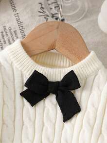 SHEIN Suéter de manga larga con volantes y bloques de color para bebés niñas, versátil y cómodo para otoño/invierno. Conjunto de 2 piezas con falda de punto de dobladillo ondulado para bebés niñas, estilo francés elegante, adecuado para salidas, viajes, picnics, uso diario y la escuela. - Albaricoque - Ver 6