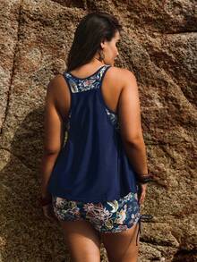 Swim Lushoire Plus Size Women Print Beach Vacation Bikini Set - Blue - View 2