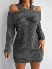 EURMUSE Cold Shoulder Sweater Dress Without Belt - Grey - View 5