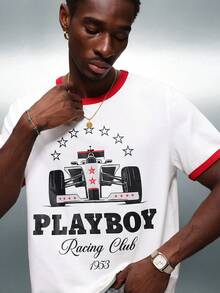 PLAYBOY X SUMWON 男式缩水版赛车俱乐部印花圆领短袖 T 恤，带红色撞色饰边 - 彩色 - 查看 3