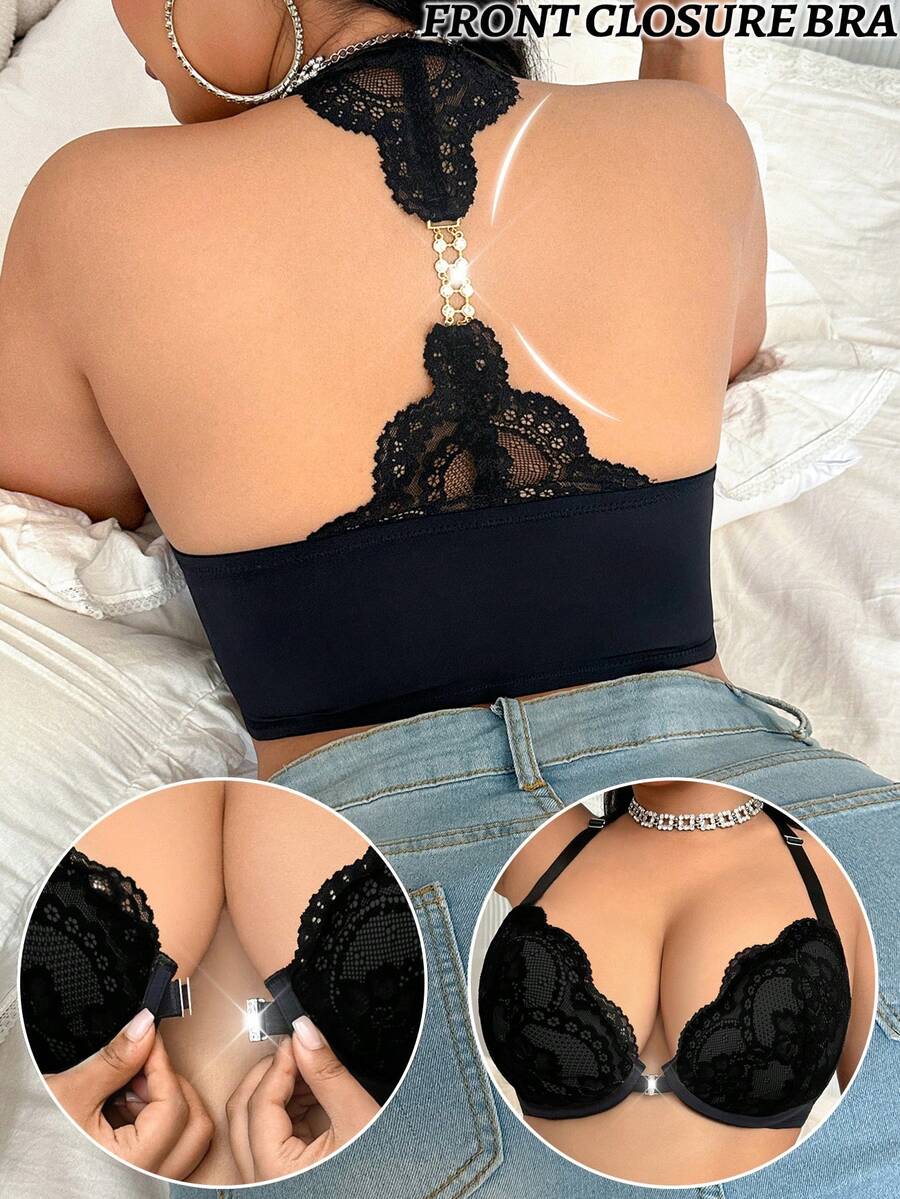 SHEIN 1件加大码蕾丝拼接前扣撞色露背内衣文胸 - 黑色 - 查看 1