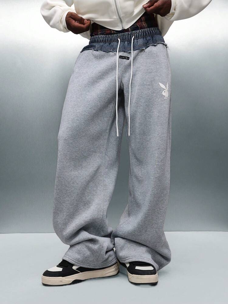 PLAYBOY X SUMWON Pantalon de survêtement à jambes larges avec panneau en denim lapin et cordon de serrage à la taille
