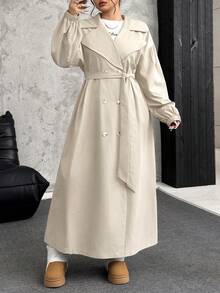 SHEIN EZwear Plus Size Women's Khaki Lapel Long Sleeve Long Windbreaker, Autumn/ Winter