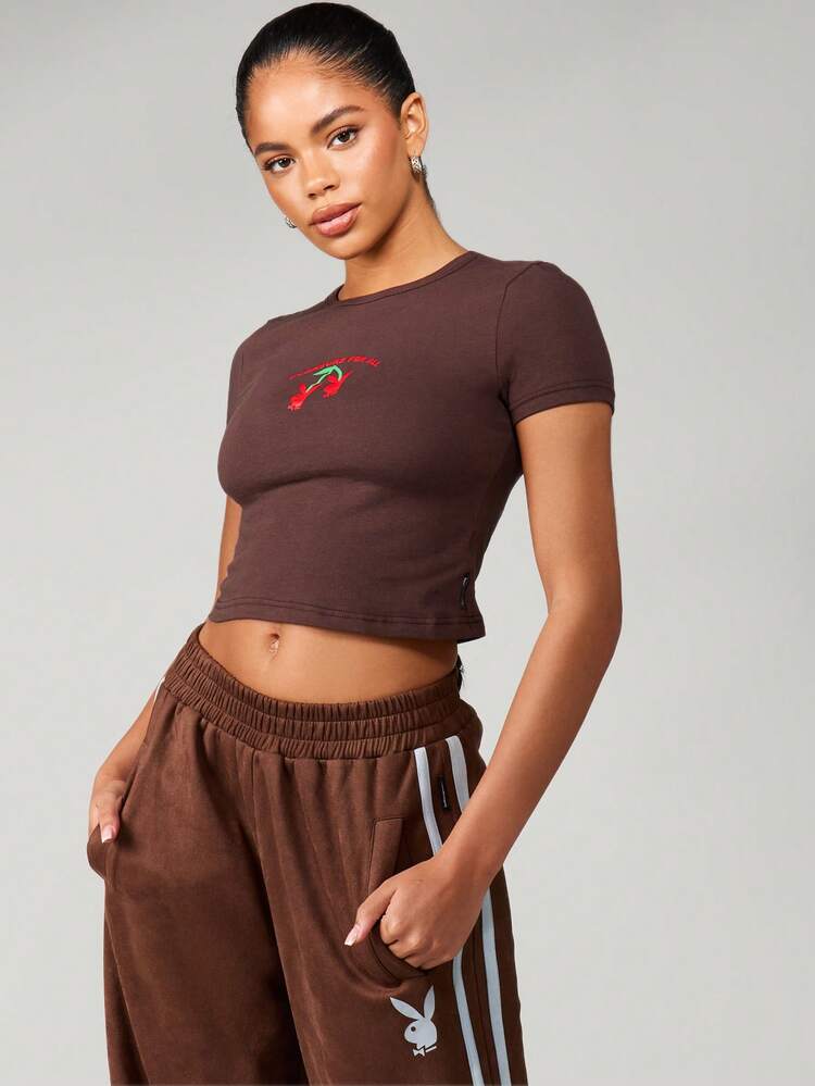 Missguided x Playboy Baby Tee Cherry Embroidered Crop Top Retro Style Casual Short Sleeve Fitted Leisure Lounge Summer Spring