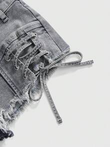 ROMWE Grunge Punk Quần short denim buộc dây thời trang gợi cảm dành cho nữ - Màu xanh lam - Xem 4