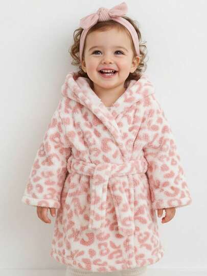 Cozy Pixies Baby Girl Leopard Print Round Neck Long Sleeve Tie Plush Robe, Versatile & Comfortable Plush Robe, Bathrobe, Moisture-Wicking Warm Sleepwear, Comfortable & Versatile Casual Basic Style, Suitable For Autumn/Winter Indoor, Outdoor Leisure, Skiing, Back To School, Daily Wear, Sports, Play, Party, Festival, Halloween, Christmas, New Year, Valentine's Day