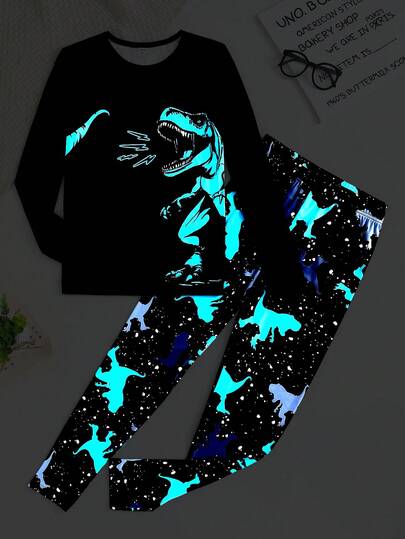 SHEIN 2 piezas Pijama de camiseta de manga larga con cuello redondo y pantalón recto con estampado de dinosaurio que brilla en la oscuridad, unicolor, para adolescentes varones, versátil ropa básica para el hogar, ir y venir, escuela, uso diario casual, vacaciones, al aire libre, fiestas, otoño/invierno