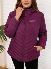 EMERY ROSE Plus Size Women's Winter Casual Warm Solid Color Fuchsia Hooded Zip-Up Waterproof Down Coat, Going Out,  New ,Simple And Fashionable For Everyday Wear,  For Women ,New Year, - Red Violet - View 7