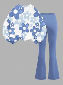 SHEIN Leap Crew Kawaii Cartoon Blue Rabbit Lulu & Stitch Pattern, Blue Ombre Floral, Tween Girls Knit Crew Neck Letter Graphic Loose Sweatshirt And Flare Pants 2 Piece Casual Set - Multicolor - View 4