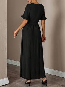 EURMUSE Solid Color Ruffle Trim Dress For Women, Button Front - Black - View 2