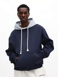 SUMWON Color Block Pullover Hoodie With Contrast Grey Hood And Drawstring Pockets Long Sleeve Casual Streetwear Winter Plain - Blue - View 1