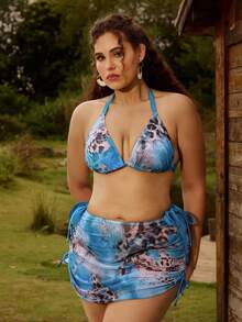 SHEIN Swim 3pcs Plus Size Elegant Leopard Print Vacation Swimwear Set Plus Size Swimwear Two Pieces Beachwear Plus Size - Multicolor - View 7