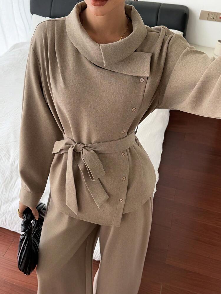 Women's Solid Color Elegant Fashion Loose Fit 2 Pieces Set, Long Sleeve
