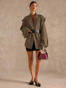 SHEIN BAE 女式纯色翻领长袖单排扣休闲西装外套，秋季 - 卡其色 - 查看 3