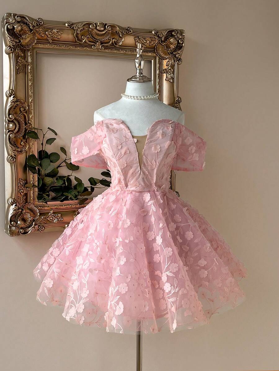 Lovelzi Elegant, Romantic, Dignified, Spring And Summer, Light Pink, Mesh, Three-Dimensional Flowers, Off The Shoulder, Back Cross Strap, Graduation Dress, Wedding, Concert Dress, Vacation Dress, Cute Summer, Prom Dress, Wedding Guest Dress, Party Dress,Graduation,Graduation Dresses For Women,Back To School Dress