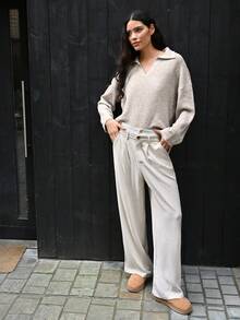 Siren Gaze Quarter Zip Drop Shoulder Sweater,Ladies Spring/Fall Casual Long Sleeve Oversized Khaki Drop Shoulder Pullovers Women Sweaters - Khaki - View 5