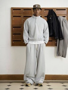 Manfinity Roghcode 2 件套男士时尚针织套头衫和运动裤套装，立领套头衫和宽松抽绳腰阔腿运动裤，针织运动服套装，极简色调，宽松版型，立领设计，毛绒面料，休闲，运动装，街头装，时尚装扮，节日/男友/丈夫礼物，秋冬装 - 灰色 - 查看 2