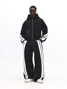 SUMWON 连帽拉链卫衣，撞色条纹细节，休闲冬季穿着，纯色 - 黑色 - 查看 4