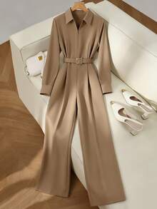 SHEIN Franclia 女士时尚休闲百搭衬衫领长袖系带阔腿连体裤，秋季 - 卡其色 - 查看 7