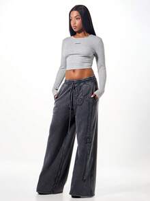 SUMWON WOMEN Oversized Skeleton Applique Wide Leg Joggers With Raw Edge Washed Cotton Blend Drawstring Sweatpants For Casual Fall Winter Loungewear - Dark Grey - View 3