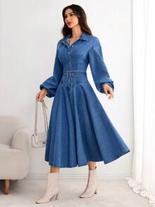 Selianne 女士优雅休闲牛仔连衣裙 - 藍色 - 查看 4