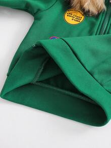 SHEIN 2 件套年轻男孩标语印花拉链连帽运动衫和运动裤休闲装，秋冬 - 綠色 - 查看 7