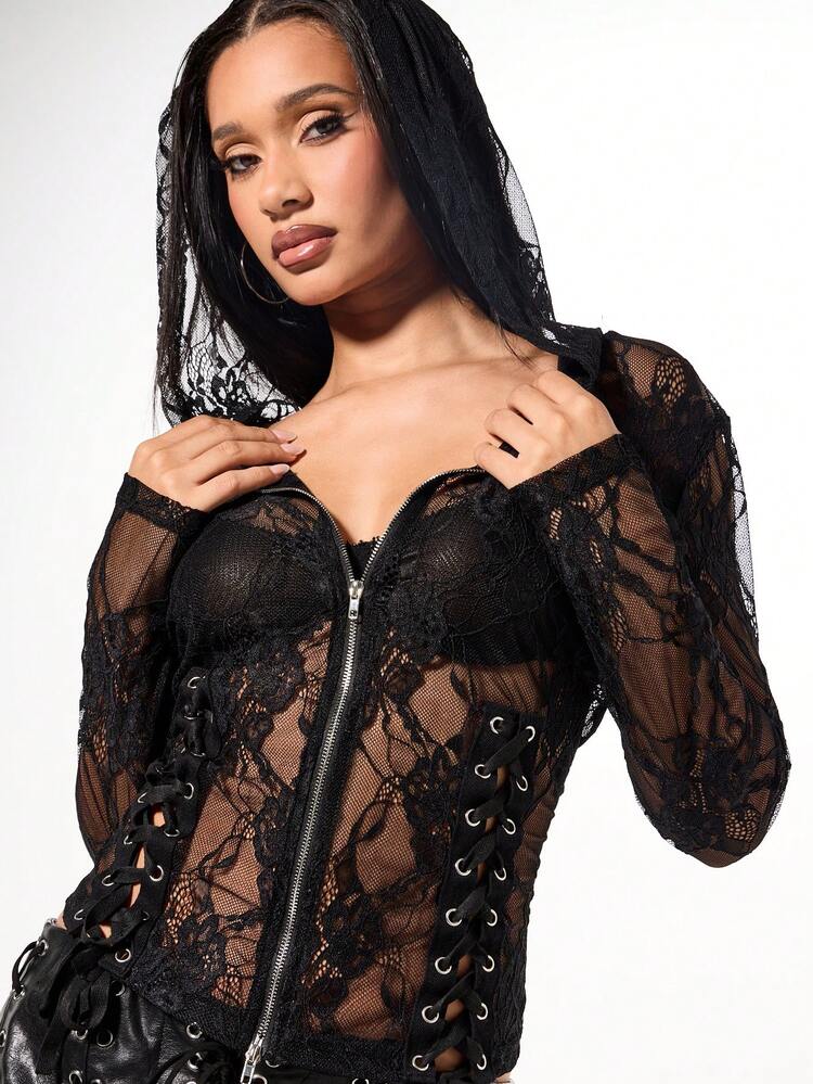 SUMWON WOMEN Top à capuche en dentelle avec fermeture éclair avant et détail de corset à lacets, manches longues, gothique, moulant pour festival