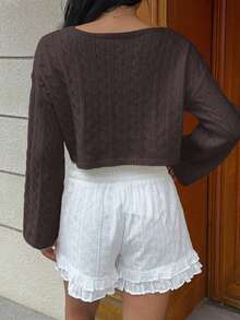 Flirla 女式性感V领落肩长袖短款毛衣，秋冬 - 巧克力棕 - 查看 2