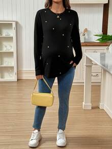 SHEIN Áo thun dài tay rộng rãi in hình trái tim cho bà bầu - màu đen - Xem 4