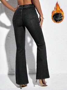 SHEIN PETITE 女式高腰口袋喇叭休闲百搭牛仔裤 - 黑色 - 查看 2