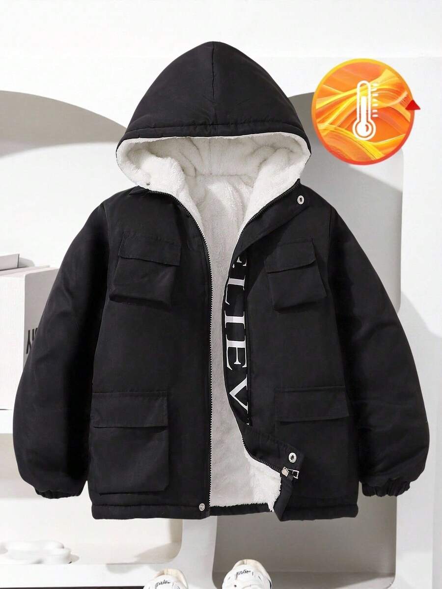 一件装 青少年男童保暖加厚连帽外套，带字母印花，秋冬季