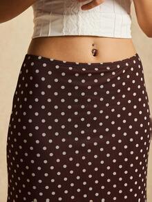 Easelle Coffee Brown Polka Dot Mesh Skirt, Midi Skirt, Brown Mesh, Retro Casual Style, 2025 Autumn/Winter. - Coffee Brown - View 7